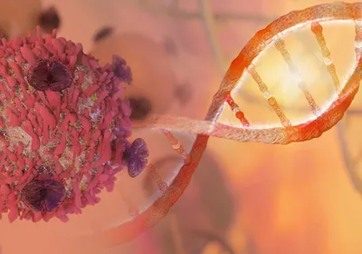 Conceptual illustration showing a cancer cell with pink proteins and violet growths on the left and an orange DNA helix stretching across the image to the top right corner. 