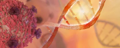 Conceptual illustration showing a cancer cell with pink proteins and violet growths on the left and an orange DNA helix stretching across the image to the top right corner. 