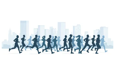 Cartoon illustration of a marathon showing blue and grey silhouettes of people running against a city landscape. 