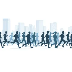 Cartoon illustration of a marathon showing blue and grey silhouettes of people running against a city landscape. 