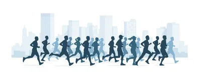 Cartoon illustration of a marathon showing blue and grey silhouettes of people running against a city landscape. 