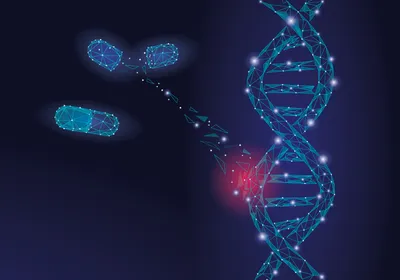 DNA and pills, conceptual illustration of the relationship between genetics and therapeutic development
