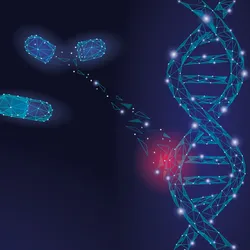 DNA and pills, conceptual illustration of the relationship between genetics and therapeutic development
