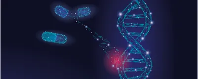 DNA and pills, conceptual illustration of the relationship between genetics and therapeutic development
