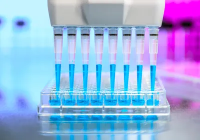 Conceptual image of automated liquid handling showing multiple pipette tips dispensing blue fluid into a multi-well dish. 