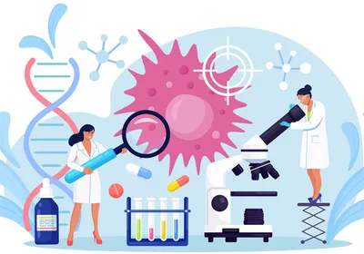 Conceptual illustration of cancer research showing scientists conducting research. A pink cell, microscope, test tube rack, and DNA strand are pictured. 