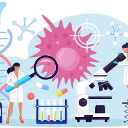 Conceptual illustration of cancer research showing scientists conducting research. A pink cell, microscope, test tube rack, and DNA strand are pictured. 