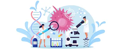 Conceptual illustration of cancer research showing scientists conducting research. A pink cell, microscope, test tube rack, and DNA strand are pictured. 