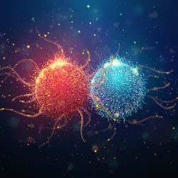 Abstract illustration of a tumor infiltrating lymphocyte (TIL) interacting with a cancer cell