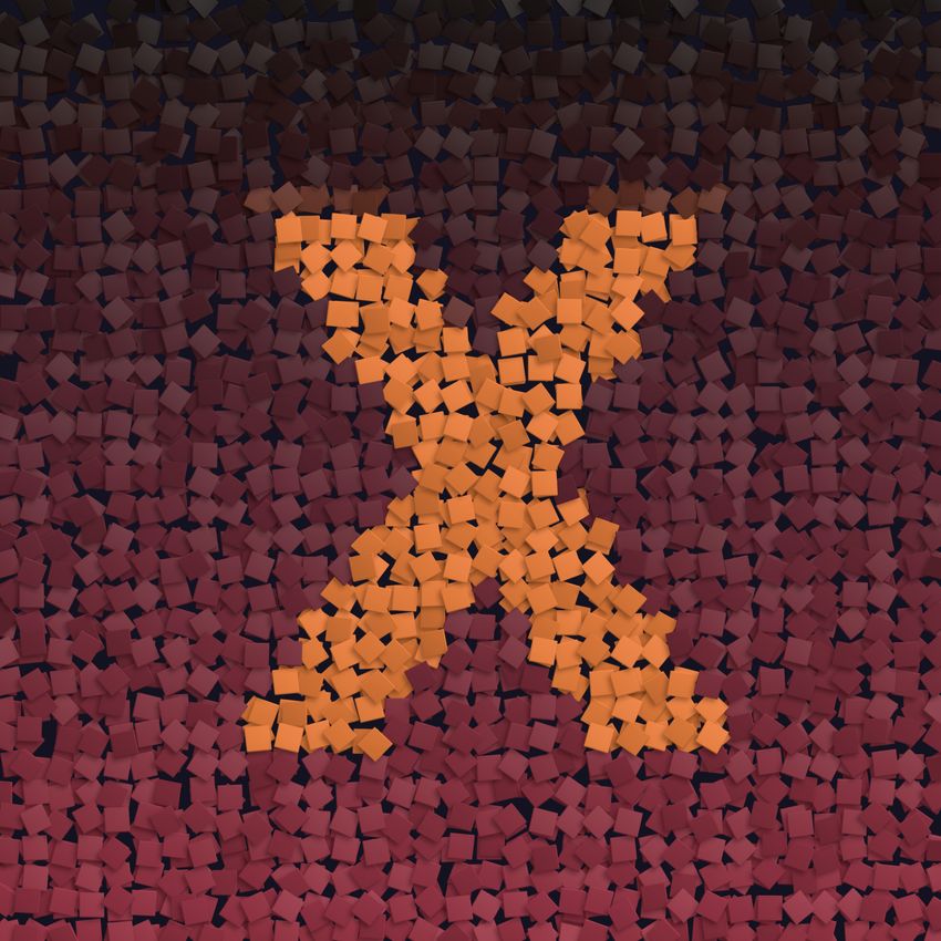 Mosaic-like image of orange letter X on a dark background.