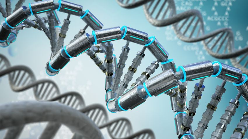 Futuristic style rendering of double-stranded nucleotide molecule on light blue gradient background.