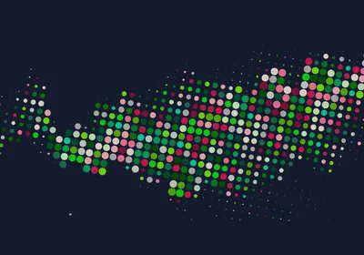 An image showing a vibrant pattern of colorful dots representing spatially mapped nuclei in a tissue section.