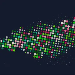 An image showing a vibrant pattern of colorful dots representing spatially mapped nuclei in a tissue section. An image showing a vibrant pattern of colorful dots representing spatially mapped nuclei in a tissue section.