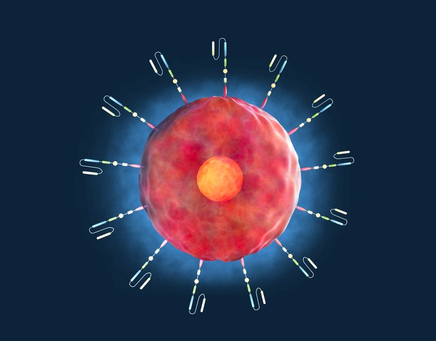 Conceptual 3D rendering of a CAR T-cell depicted in red on a black background.