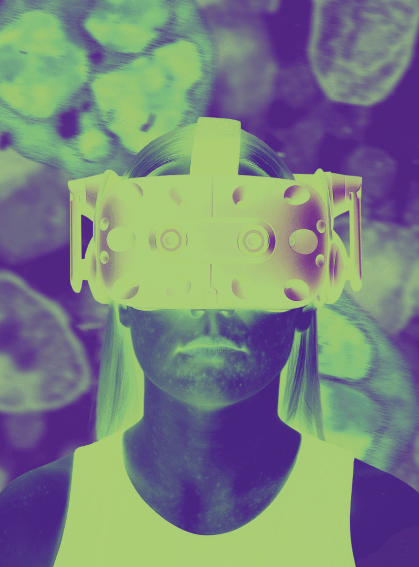An illustration showing a woman wearing virtual reality goggles. An illustration showing a woman wearing virtual reality goggles.