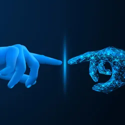 Touch with virtual reality. The point of contact of the human hand with the projection on a blue background.