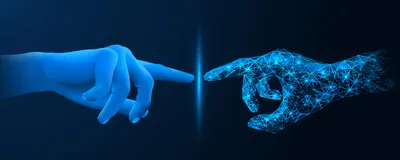 Touch with virtual reality. The point of contact of the human hand with the projection on a blue background.