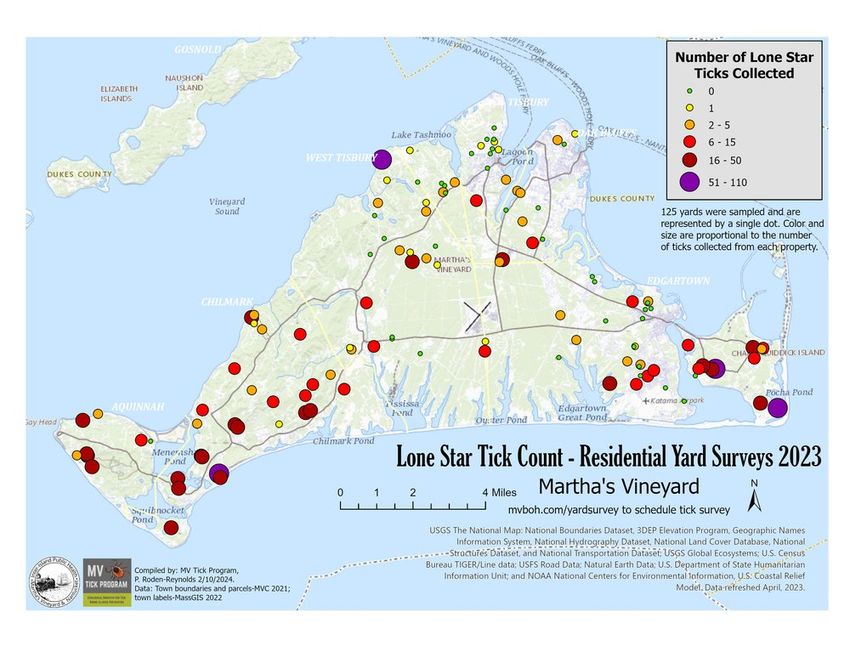 Map indicating lone star tick count in Martha’s Vineyard, Massachussetts. Counts are indicated by circles with varying colors and sizes, explained by a legend box on the top right corner of the map. Map indicating lone star tick count in Martha’s Vineyard, Massachussetts. Counts are indicated by circles with varying colors and sizes, explained by a legend box on the top right corner of the map.