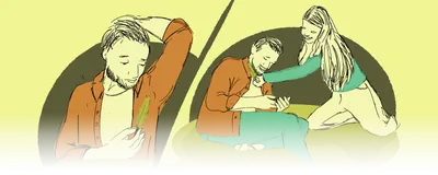 Split image of a man unsuccessfully trying to tickle himself with a feather (right) and a man laughing and being tickled by a woman with a feather (left).