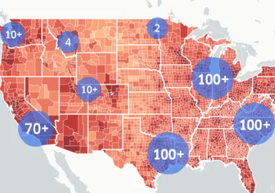 Image of the US map with various shades from white to dark red, the darker color indicates more money lost.