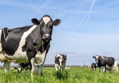 Image of cows grazing in a field with a blue sky above them. Image of cows grazing in a field with a blue sky above them.