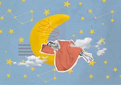 3d collage illustration artwork of a person asleep on the moon, wrapped in a blanket, isolated on a background with stars.