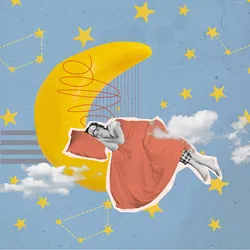 3d collage illustration artwork of a person asleep on the moon, wrapped in a blanket, isolated on a background with stars.