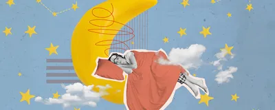 3d collage illustration artwork of a person asleep on the moon, wrapped in a blanket, isolated on a background with stars.