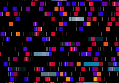 Colorful lines and horizontal bars on a dark background as a representative illustration of genomic sequences