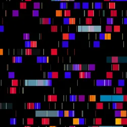 Colorful lines and horizontal bars on a dark background as a representative illustration of genomic sequences