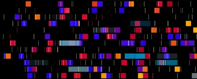 Colorful lines and horizontal bars on a dark background as a representative illustration of genomic sequences