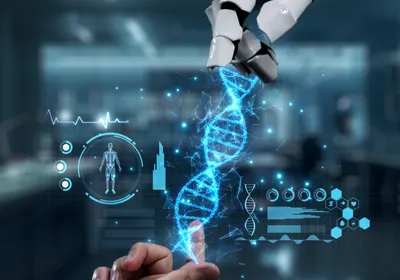 Holographic DNA, scientific data, and a human outline are being held between a human hand and a robot hand, representing the CRISPR-GPT model.