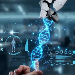 Holographic DNA, scientific data, and a human outline are being held between a human hand and a robot hand, representing the CRISPR-GPT model. Holographic DNA, scientific data, and a human outline are being held between a human hand and a robot hand, representing the CRISPR-GPT model.