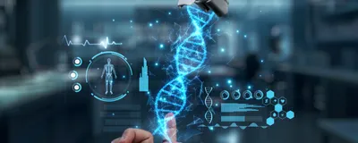 Holographic DNA, scientific data, and a human outline are being held between a human hand and a robot hand, representing the CRISPR-GPT model.