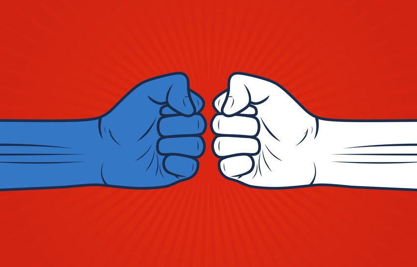 Two cartoon fists, one blue on the left and one white on the right, nearly bumping, on red background, indicating multiple vaccines working together.