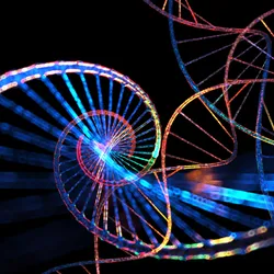 Multicolored abstract image of DNA on a black background.