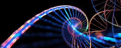 Multicolored abstract image of DNA on a black background.