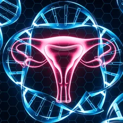 3D rendered uterus with cell-free DNA fragments in the background