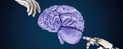 An abstract illustration that represents brain-computer interface, showing an arm and a robotic hand pointing at a human brain from opposite sides. An abstract illustration that represents brain-computer interface, showing an arm and a robotic hand pointing at a human brain from opposite sides.