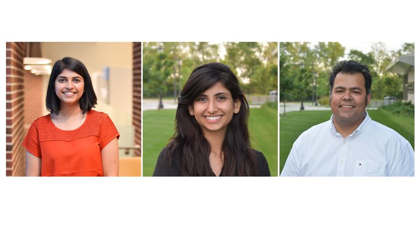 Photographs of Priya Prakash (left), Palak Manchanda (middle), and Gaurav Chopra (right). Prakash has shoulder length dark hair and is wearing an orange shirt. Manchanda has long dark hair, is wearing a black shirt, and standing in front of a blurred outdoor space. Chopra is wearing a white collared shirt with short dark hair and is standing in front of a blurred outdoor space.