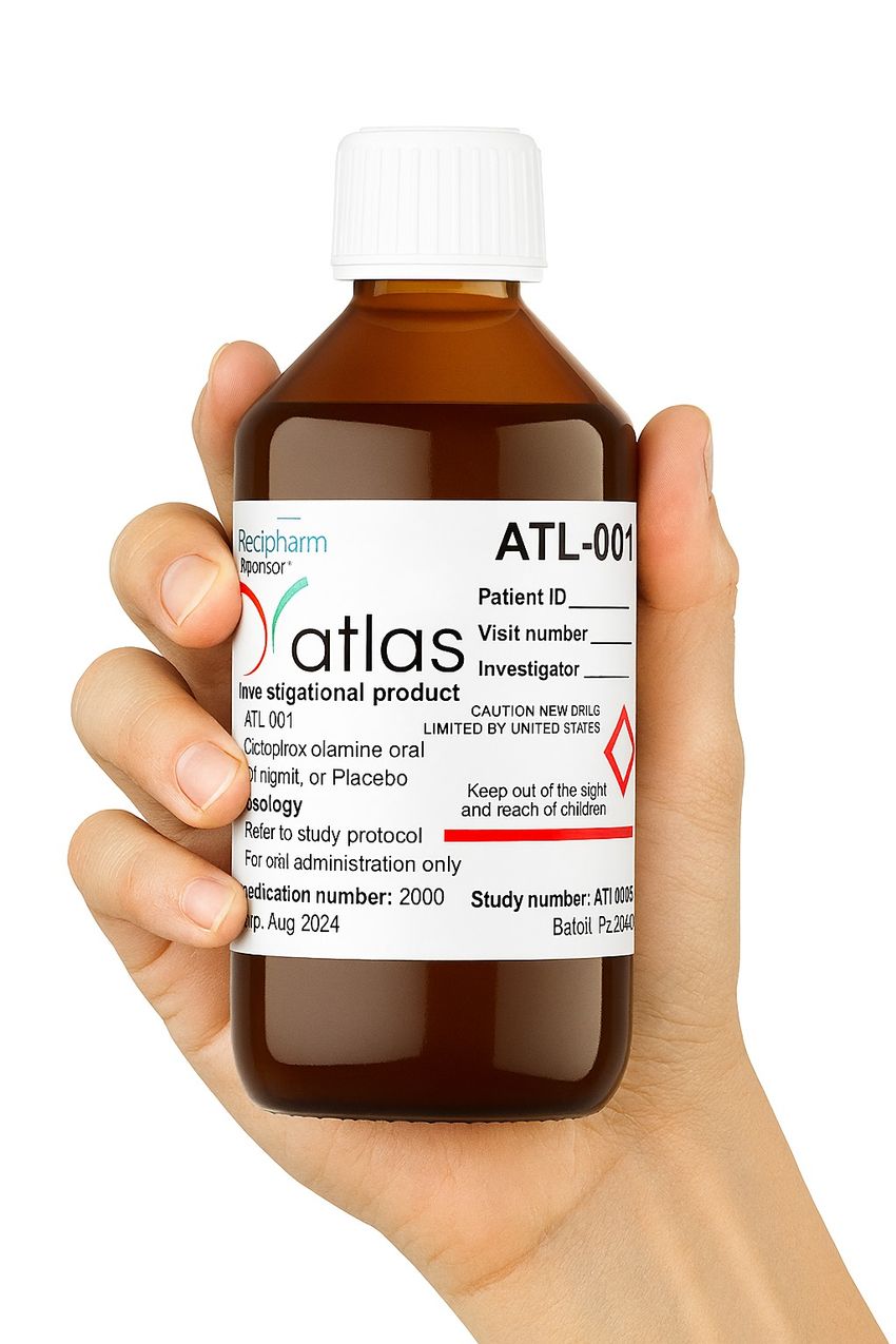 A hand holding a bottle which is labeled as containing Atlas Molecular Pharma’s ATL-001 drug for the treatment of the rare disease CEP. A hand holding a bottle which is labeled as containing Atlas Molecular Pharma’s ATL-001 drug for the treatment of the rare disease CEP.