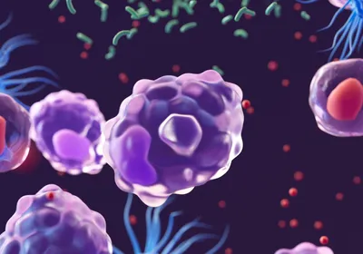 3D conceptual image of purple-colored macrophages on a black background. 3D conceptual image of purple-colored macrophages on a black background.