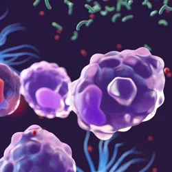 3D conceptual image of purple-colored macrophages on a black background. 