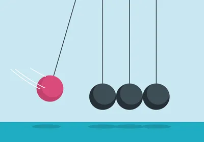 An illustration of a pink ball in motion that is bound to hit four black balls and set them in motion. This image represents the cascading impact of real-world change in academia. An illustration of a pink ball in motion that is bound to hit four black balls and set them in motion. This image represents the cascading impact of real-world change in academia.