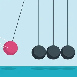 An illustration of a pink ball in motion that is bound to hit four black balls and set them in motion. This image represents the cascading impact of real-world change in academia. 