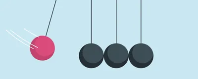 An illustration of a pink ball in motion that is bound to hit four black balls and set them in motion. This image represents the cascading impact of real-world change in academia.