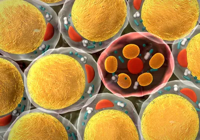 3D illustration of fat cells surrounding a transparent cell with a red membrane and growing fat stores in its center. This is a representation of breast tumor using nearby adipocytes as a source of energy to proliferate. 