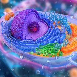 3D-rendered cross section of an animal cell, signifying the importance of cellular environment in directed evolution—proteins intended for use in human cells should not be evolved in bacteria or yeast. 