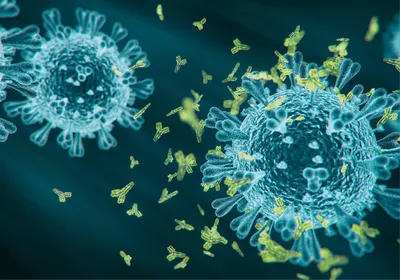 3D illustration of spherical blue viruses with receptors sticking out surrounded by green, Y-shaped antibodies.