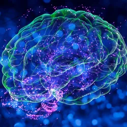 Conceptual 3D image of Alzheimer’s disease, depicting a green brain with small pink and large blue particles in the background. Conceptual 3D image of Alzheimer’s disease, depicting a green brain with small pink and large blue particles in the background.